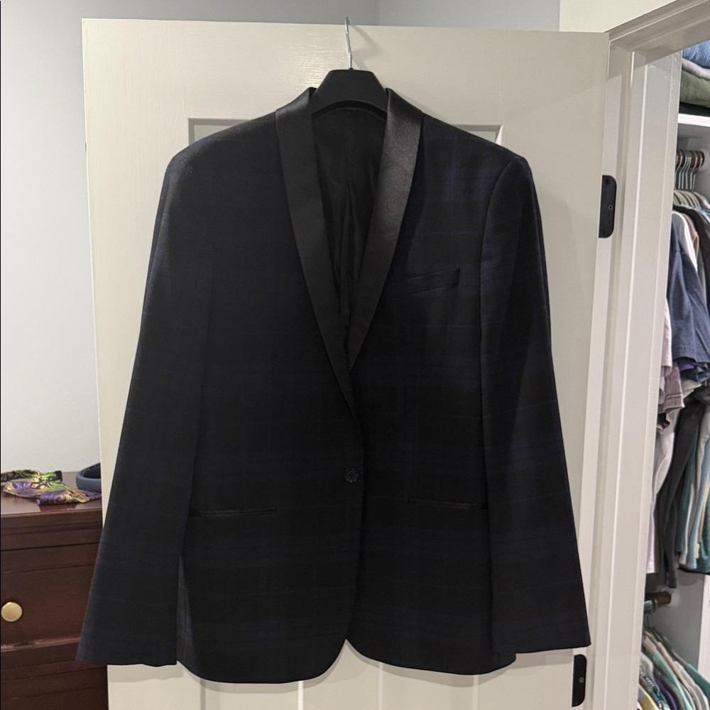 Men's Navy Plaid Tuxedo with Satin Lapel